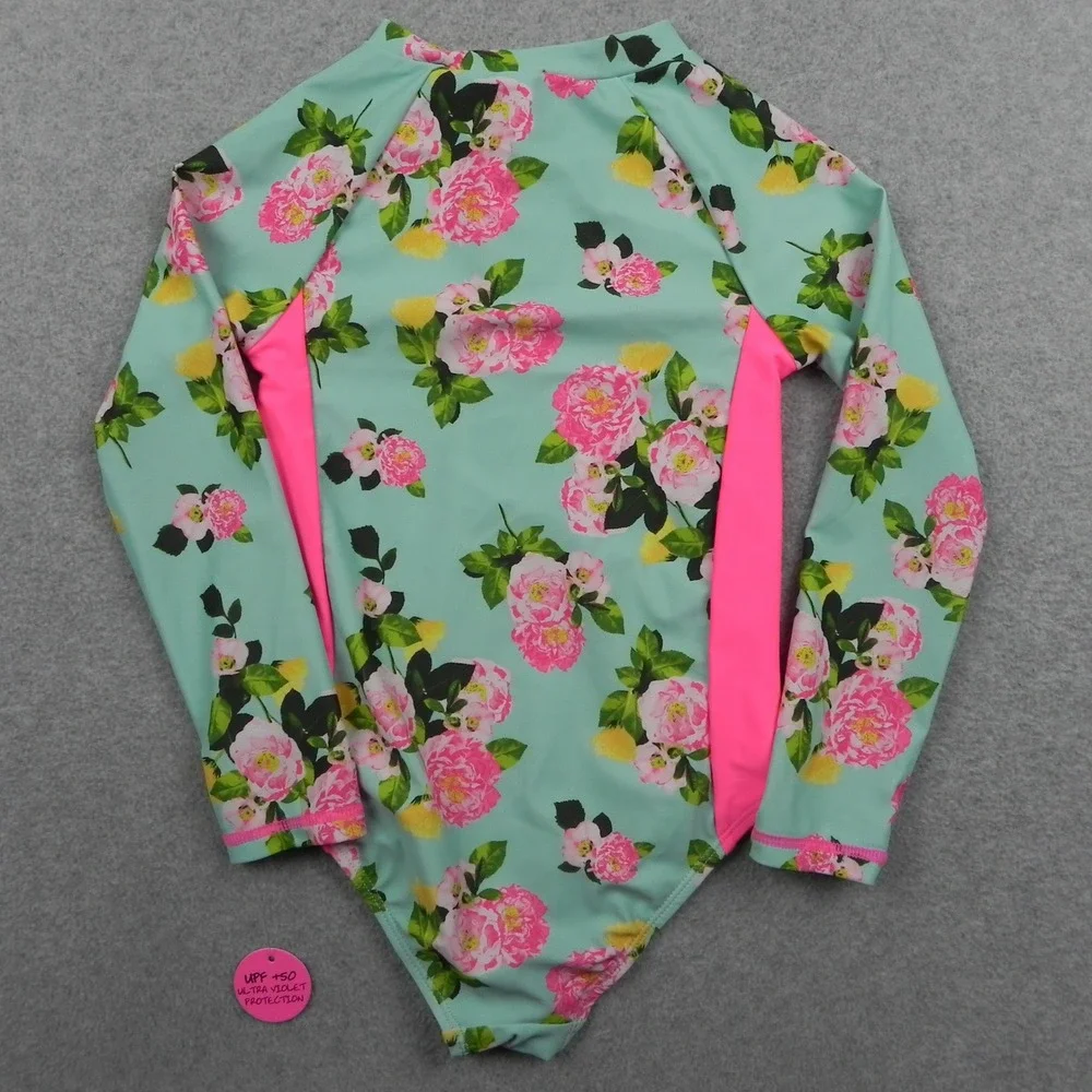 Betsey Johnson Rash Guard Swimsuit Girls 6 Floral Long Sleeve UPF 50 Mint Pink